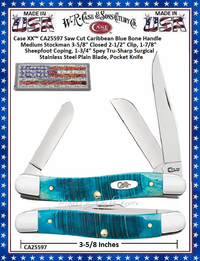 W.R. Case & Sons Cutlery CA25597 Case XX�  Saw Cut Caribbean Blue Bone Handle Medium Stockman 3-5/8" Closed 2-1/2" Clip, 1-7/8" Sheepfoot Coping, 1-3/4" Spey Tru-Sharp Surgical Stainless Steel Plain Blade, Pocket Knife 