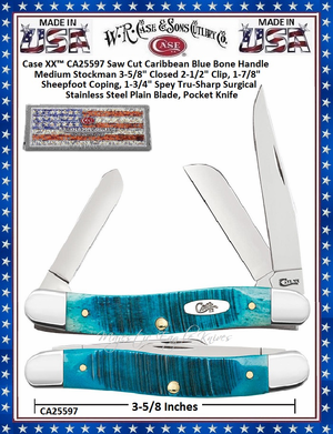 W.R. Case & Sons Cutlery CA25597 Case XX�  Saw Cut Caribbean Blue Bone Handle Medium Stockman 3-5/8" Closed 2-1/2" Clip, 1-7/8" Sheepfoot Coping, 1-3/4" Spey Tru-Sharp Surgical Stainless Steel Plain Blade, Pocket Knife 