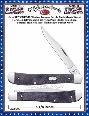 W.R. Case & Sons Cutlery CA80546 Case XX� Slimline Trapper Purple Curly Maple Wood Handle 4-1/8"Closed 3-1/4" Clip Plain Blades Tru-Sharp Surgical Stainless Steel Plain Blade, Pocket Knife 