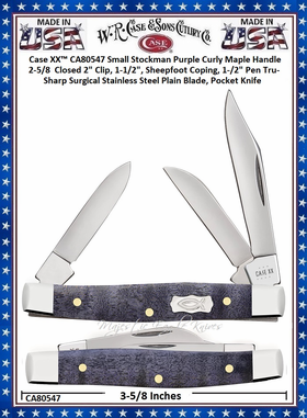 W.R. Case & Sons Cutlery CA80547 Case XX� Small Stockman Purple Curly Maple Handle 2-5/8  Closed 2" Clip, 1-1/2", Sheepfoot Coping, 1-1/2" Pen Tru-Sharp Surgical Stainless Steel Plain Blade, Pocket Knife 