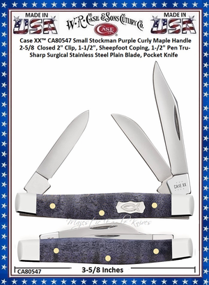 W.R. Case & Sons Cutlery CA80547 Case XX™ Small Stockman Purple Curly Maple Handle 2-5/8 Closed 2" Clip, 1-1/2", Sheepfoot Coping, 1-1/2" Pen Tru-Sharp Surgical Stainless Steel Plain Blade, Pocket Knife W.R. Case & Sons Cutlery CA80547 Case XX™ Small Stockman Purple Curly Maple Handle 2-5/8 Closed 2" Clip, 1-1/2", Sheepfoot Coping, 1-1/2" Pen Tru-Sharp Surgical Stainless Steel Plain Blade, Pocket Knife