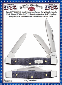W.R. Case & Sons Cutlery CA80547 Case XX� Small Stockman Purple Curly Maple Handle 2-5/8  Closed 2" Clip, 1-1/2", Sheepfoot Coping, 1-1/2" Pen Tru-Sharp Surgical Stainless Steel Plain Blade, Pocket Knife 