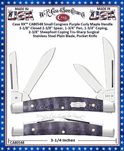 W.R. Case & Sons Cutlery CA80548 Case XX� Small Congress Purple Curly Maple Handle 3-1/8" Closed 2-3/8" Spear, 1-3/4" Pen, 1-3/4" Coping, 2-3/8" Sheepfoot Coping Tru-Sharp Surgical Stainless Steel Plain Blade, Pocket Knife 