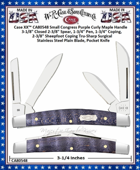 W.R. Case & Sons Cutlery CA80548 Case XX™ Small Congress Purple Curly Maple Handle 3-1/8" Closed 2-3/8" Spear, 1-3/4" Pen, 1-3/4" Coping, 2-3/8" Sheepfoot Coping Tru-Sharp Surgical Stainless Steel Plain Blade, Pocket Knife W.R. Case & Sons Cutlery CA80548 Case XX™ Small Congress Purple Curly Maple Handle 3-1/8" Closed 2-3/8" Spear, 1-3/4" Pen, 1-3/4" Coping, 2-3/8" Sheepfoot Coping Tru-Sharp Surgical Stainless Steel Plain Blade, Pocket Knife