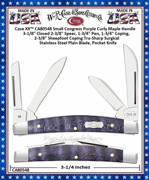 W.R. Case & Sons Cutlery CA80548 Case XX� Small Congress Purple Curly Maple Handle 3-1/8" Closed 2-3/8" Spear, 1-3/4" Pen, 1-3/4" Coping, 2-3/8" Sheepfoot Coping Tru-Sharp Surgical Stainless Steel Plain Blade, Pocket Knife 