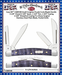 W.R. Case & Sons Cutlery CA80548 Case XX� Small Congress Purple Curly Maple Handle 3-1/8" Closed 2-3/8" Spear, 1-3/4" Pen, 1-3/4" Coping, 2-3/8" Sheepfoot Coping Tru-Sharp Surgical Stainless Steel Plain Blade, Pocket Knife 