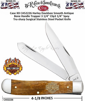 W.R. Case & Sons Cutlery CA52226 Case XX Harley Davidson Smooth Antique Bone Handle Trapper 3-1/4" Clip 3-1/4" Spey Tru-sharp Surgical Stainless Steel Pocket Knife 
