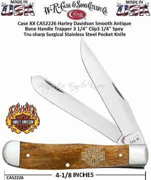 W.R. Case & Sons Cutlery CA52226 Case XX Harley Davidson Smooth Antique Bone Handle Trapper 3-1/4" Clip 3-1/4" Spey Tru-sharp Surgical Stainless Steel Pocket Knife 