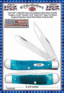 W.R. Case & Sons Cutlery CA25592 Case XX� Saw Cut Caribbean Blue Bone Handle Trapper 4-1/8" Closed 3-1/4" Clip3-1/4" Spey Tru-Sharp Surgical Stainless Steel Plain Blade, Pocket Knife 