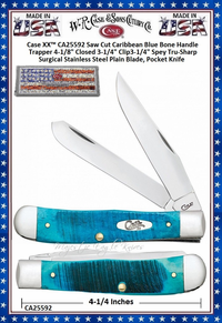 W.R. Case & Sons Cutlery CA25592 Case XX� Saw Cut Caribbean Blue Bone Handle Trapper 4-1/8" Closed 3-1/4" Clip3-1/4" Spey Tru-Sharp Surgical Stainless Steel Plain Blade, Pocket Knife 