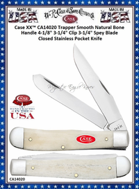 W.R. Case & Sons Cutlery CA14020 Case XX� Trapper Smooth Natural Bone Handle 4-1/8" 3-1/4" Clip 3-1/4" Spey Blade Closed Stainless Pocket Knife