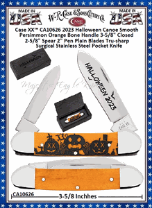 W.R. Case & Sons Cutlery Case XX� CA10626 2023 Halloween Canoe Smooth Persimmon Orange Bone Handle 3-5/8" Closed 2-5/8" Spear 2" Pen Plain Blades Tru-sharp Surgical Stainless Steel Pocket Knife