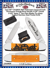W.R. Case & Sons Cutlery Case XX™ CA10626 2023 Halloween Canoe Smooth Persimmon Orange Bone Handle 3-5/8" Closed 2-5/8" Spear 2" Pen Plain Blades Tru-sharp Surgical Stainless Steel Pocket Knife W.R. Case & Sons Cutlery Case XX™ CA10626 2023 Halloween Canoe Smooth Persimmon Orange Bone Handle 3-5/8" Closed 2-5/8" Spear 2" Pen Plain Blades Tru-sharp Surgical Stainless Steel Pocket Knife