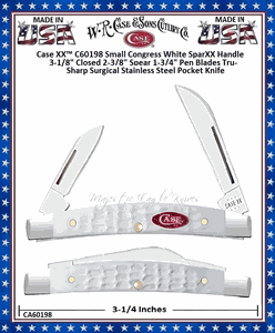 W.R. Case & Sons Cutlery C60198 Case XX� Small Congress White SparXX Handle 3-1/8" Closed 2-3/8" Spear 1-3/4" Pen Blades Tru-Sharp Surgical Stainless Steel Pocket Knife