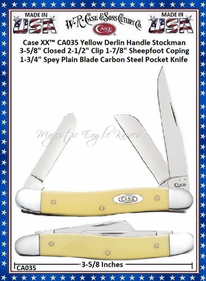 W.R. Case & Sons Cutlery CA035 Case XX™ Yellow Handle Stockman 3-5/8" Closed 2-1/2" Clip 1-7/8" Sheepfoot Coping 1-3/4" Spey Blade CV Pocket Knife W.R. Case & Sons Cutlery CA035 Case XX™ Yellow Handle Stockman 3-5/8" Closed 2-1/2" Clip 1-7/8" Sheepfoot Coping 1-3/4" Spey Blade CV Pocket Knife