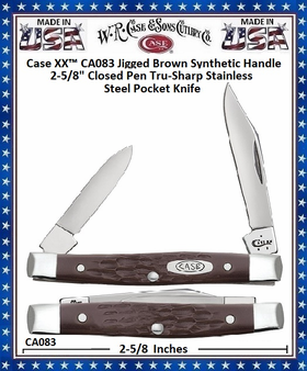 W.R. Case & Sons Cutlery CA083 Case XX� Jigged Brown Synthetic Handle Pen 2 5/8" Closed Tru-sharp Surgical Stainless Steel Pocket Knife
