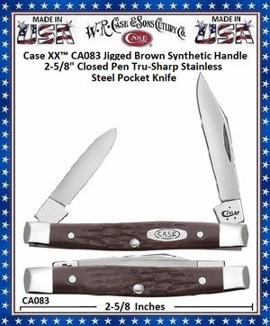W.R. Case & Sons Cutlery CA083 Case XX™ Jigged Brown Synthetic Handle Pen 2 5/8" Closed Tru-sharp Surgical Stainless Steel Pocket Knife W.R. Case & Sons Cutlery CA083 Case XX™ Jigged Brown Synthetic Handle Pen 2 5/8" Closed Tru-sharp Surgical Stainless Steel Pocket Knife