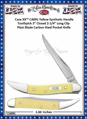 W.R. Case & Sons Cutlery CA091 Case XX™ Yellow Synthetic Handle 3" Closed 2-1/4" Long Clip Plain Blade Toothpick Carbon Steel Pocket Knife W.R. Case & Sons Cutlery CA091 Case XX™ Yellow Synthetic Handle 3" Closed 2-1/4" Long Clip Plain Blade Toothpick Carbon Steel Pocket Knife