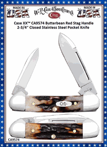 W.R. Case & Son's Cutlery CA9574 Case XX� Butterbean Red Stag Handle 2-3/4" Closed Stainless Steel Pocket Knife