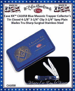 W.R. Case & Sons Cutlery CA1058 Case XX� Blue Masonic Trapper Collector's Tin Closed 4-1/8" 3-1/4" Clip 3-1/4" Spey Plain Blades Tru-Sharp Surgical Stainless Steel Special Masonic Inlay Pocket Knife