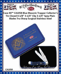 W.R. Case & Sons Cutlery CA1058 Case XX™ Blue Masonic Trapper Collector's Tin Closed 4-1/8" 3-1/4" Clip 3-1/4" Spey Plain Blades Tru-Sharp Surgical Stainless Steel Special Masonic Inlay Pocket Knife W.R. Case & Sons Cutlery CA1058 Case XX™ Blue Masonic Trapper Collector's Tin Closed 4-1/8" 3-1/4" Clip 3-1/4" Spey Plain Blades Tru-Sharp Surgical Stainless Steel Special Masonic Inlay Pocket Knife