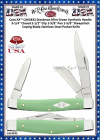 W.R. Case & Sons Cutlery CA63832 Case XX� Stockman Mint Green Synthetic Handle 3-1/4" Closed 2-1/2" Clip 1-5/8" Pen 1-5/8" Sheepsfoot Coping Blade Stainless Steel Pocket Knife