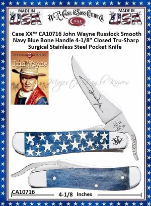 W.R. Case & Sons Cutlery CA10716 Case XX� John Wayne Russlock Smooth Navy Blue Bone Handle 4-1/8" Closed Tru-Sharp Surgical Stainless Steel Pocket Knife 