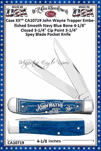 W.R. Case & Sons Cutlery CA10719 Case XX John Wayne Mini Trapper Embellished Smooth Navy Blue Bone Handle 3-1/2" Closed 2-3/4" Clip 2-3/4" Spey Blade Stainless Steel Pocket Knife