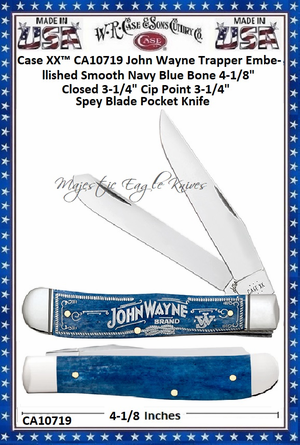 W.R. Case & Sons Cutlery CA10719 Case XX John Wayne Mini Trapper Embellished Smooth Navy Blue Bone Handle 3-1/2" Closed 2-3/4" Clip 2-3/4" Spey Blade Stainless Steel Pocket Knife