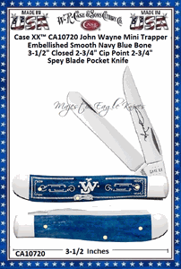 W.R. Case & Sons Cutlery CA10720 Case XX John Wayne Mini Trapper Embellished Smooth Navy Blue Bone Handle 3-1/2" Closed 2-3/4" Clip 2-3/4" Spey Blade Stainless Steel Pocket Knife