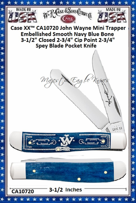 W.R. Case & Sons Cutlery CA10720 Case XX John Wayne Mini Trapper Embellished Smooth Navy Blue Bone Handle 3-1/2" Closed 2-3/4" Clip 2-3/4" Spey Blade Stainless Steel Pocket Knife