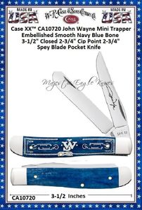 W.R. Case & Sons Cutlery CA10720 Case XX John Wayne Mini Trapper Embellished Smooth Navy Blue Bone Handle 3-1/2" Closed 2-3/4" Clip 2-3/4" Spey Blade Stainless Steel Pocket Knife