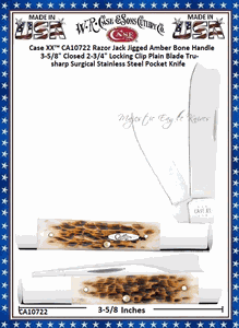 W.R. Case & Sons Cutlery CA10722 Case XX� Razor Jack Jigged Amber Bone Handle 3-5/8" Closed 2-3/4" Locking Clip Plain Blade Tru-sharp Surgical Stainless Steel Pocket Knife 