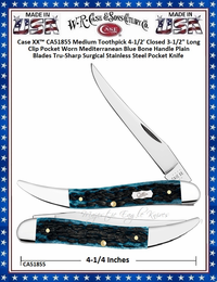 W.R. Case & Sons Cutlery CA51855 Case XX� Pocket Worn Peach Seed Mediterranean Blue Bone Handle Medium Toothpick 4-1/2' Closed 3-1/2" Long Clip Pocket Blades Tru-Sharp Surgical Stainless Steel Pocket Knife