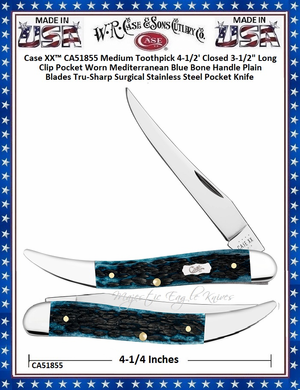 W.R. Case & Sons Cutlery CA51855 Case XX� Pocket Worn Peach Seed Mediterranean Blue Bone Handle Medium Toothpick 4-1/2' Closed 3-1/2" Long Clip Pocket Blades Tru-Sharp Surgical Stainless Steel Pocket Knife