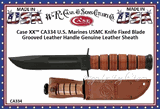 W.R. Case & Sons Cutlery CA334 Case XX�  USMC Fixed Presentation Knife 7" Black Bowie Blade, Grooved Leather Handle, Brown Leather Sheath