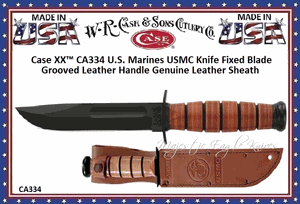 W.R. Case & Sons Cutlery CA334 Case XX�  USMC Fixed Presentation Knife 7" Black Bowie Blade, Grooved Leather Handle, Brown Leather Sheath