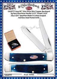 W.R. Case & Sons Cutlery CA10777 Case XX™ Shot Show Mini Trapper Barn board Jig Navy Blue Bone Handle 3-1/2" Closed 2-3/4" Clip 2-3/4" SpeyPlain Blade Tru-sharp Surgical Stainless Steel Pocket Knife W.R. Case & Sons Cutlery CA10777 Case XX™ Shot Show Mini Trapper Barn board Jig Navy Blue Bone Handle 3-1/2" Closed 2-3/4" Clip 2-3/4" SpeyPlain Blade Tru-sharp Surgical Stainless Steel Pocket Knife