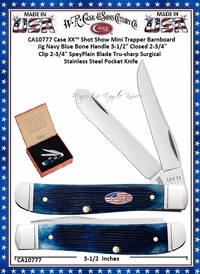 W.R. Case & Sons Cutlery CA10777 Case XX™ Shot Show Mini Trapper Barn board Jig Navy Blue Bone Handle 3-1/2" Closed 2-3/4" Clip 2-3/4" SpeyPlain Blade Tru-sharp Surgical Stainless Steel Pocket Knife W.R. Case & Sons Cutlery CA10777 Case XX™ Shot Show Mini Trapper Barn board Jig Navy Blue Bone Handle 3-1/2" Closed 2-3/4" Clip 2-3/4" SpeyPlain Blade Tru-sharp Surgical Stainless Steel Pocket Knife
