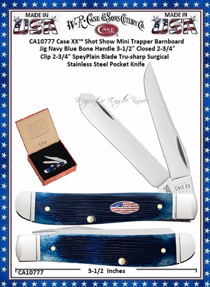 W.R. Case & Sons Cutlery CA10777 Case XX� Shot Show Mini Trapper Barn board Jig Navy Blue Bone Handle 3-1/2" Closed 2-3/4" Clip 2-3/4" SpeyPlain Blade Tru-sharp Surgical Stainless Steel Pocket Knife 