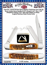 W.R. Case & Sons Cutlery CA10778 Case XX� Shot Show Medium Stockman Corn Cob Jig Burnt Amber Bone Handle 3-5/8" Closed 2-1/2" Clip 1-7/8" Sheepfoot Coping 1-3/4" Spey Plain Blade Tru-sharp Surgical Stainless Steel Pocket Knife 