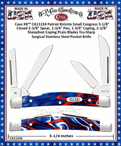 W.R. Case & Sons Cutlery CA11224 Case XX� Patriot Kirinite Handle Small Congress 3-1/8" Closed 2-3/8" Spear, 1-3/4" Pen, 1-3/4" Coping, 2-3/8" Sheepfoot Coping Plain Blades Tru-Sharp Surgical Stainless Steel Pocket Knife