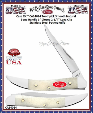 W.R. Case & Sons Cutlery CA14024 Case XX™ Toothpick Smooth Natural Bone Handle 3" Closed 2-1/4" Long Clip Stainless Steel Pocket Knife W.R. Case & Sons Cutlery CA14024 Case XX™ Toothpick Smooth Natural Bone Handle 3" Closed 2-1/4" Long Clip Stainless Steel Pocket Knife