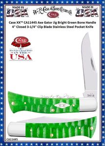 W.R. Case-Sons Cutlery CA11445 Case XX� Axe Gator Jig Bright Green Bone Handle 4" Closed 3-1/4" Clip Blade Stainless Steel Pocket Knife