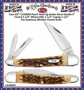 W.R. Case & Sons Cutlery CA30094 Case XX™ Peach Seed Jig Amber Bone Handle 4" Closed 2-1/4" Wharncliffe 1-1/2" Coping 1-1/2" Pen Seahorse Whittler Pocket Knife W.R. Case & Sons Cutlery CA30094 Case XX™ Peach Seed Jig Amber Bone Handle 4" Closed 2-1/4" Wharncliffe 1-1/2" Coping 1-1/2" Pen Seahorse Whittler Pocket Knife