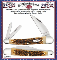 W.R. Case & Sons Cutlery CA30094 Case XX� Peach Seed Jig Amber Bone Handle 4" Closed 2-1/4" Wharncliffe 1-1/2" Coping 1-1/2" Pen Seahorse Whittler Pocket Knife