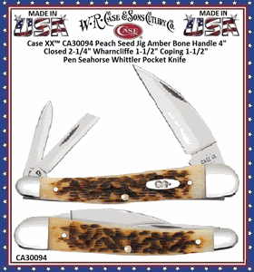W.R. Case & Sons Cutlery CA30094 Case XX� Peach Seed Jig Amber Bone Handle 4" Closed 2-1/4" Wharncliffe 1-1/2" Coping 1-1/2" Pen Seahorse Whittler Pocket Knife
