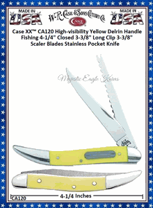 W.R. Case & Sons Cutlery CA120 Case XX� High-visibility Yellow Delrin Handle 4-1/4" Closed 3-3/8" Long Clip 3-3/8" Scaler Fishing Stainless Pocket Knife
