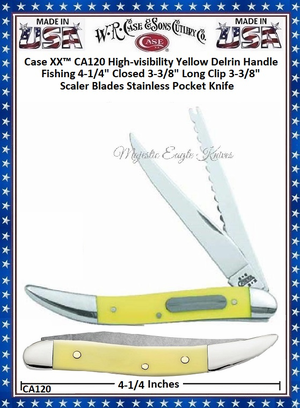 W.R. Case & Sons Cutlery CA120 Case XX™ High-visibility Yellow Delrin Handle 4-1/4" Closed 3-3/8" Long Clip 3-3/8" Scaler Fishing Stainless Pocket Knife W.R. Case & Sons Cutlery CA120 Case XX™ High-visibility Yellow Delrin Handle 4-1/4" Closed 3-3/8" Long Clip 3-3/8" Scaler Fishing Stainless Pocket Knife