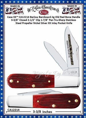 W.R. Case & Sons Cutlery CA12214  Case XX� Barlow Barnboard Jig Old Red Bone Handle 3-3/8" Closed 2-1/2" Clip 1-7/8" PenTru-Sharp Surgical Stainless Steel Pocket Knife